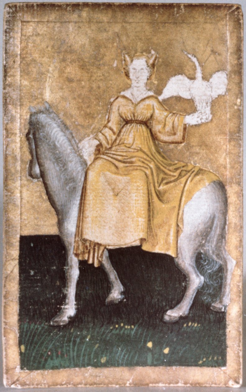Une dame montée tenant un héron d