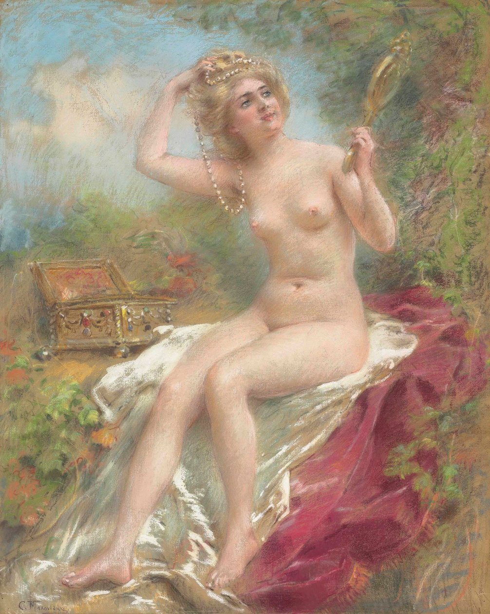 Nu assis se regardant dans un miroir - Konstantin Makovsky