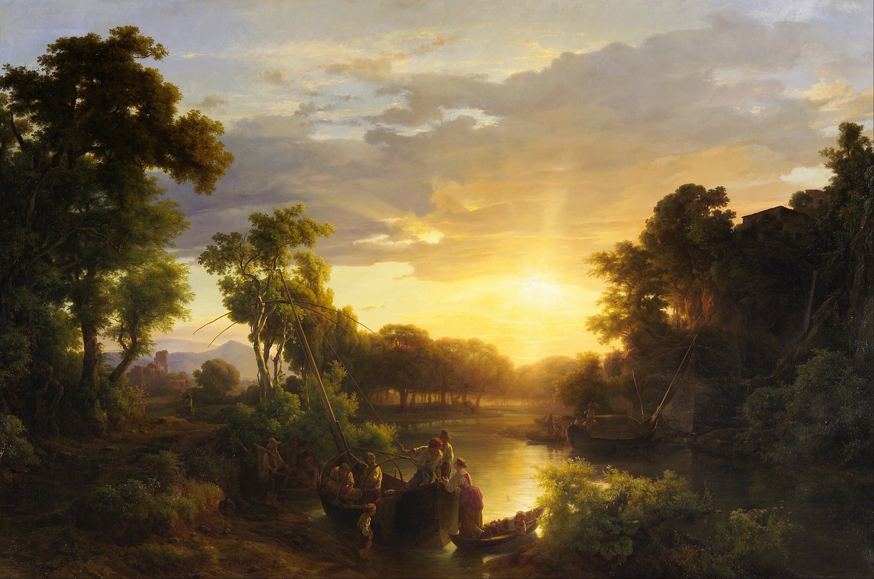 Paysages italiens au coucher du soleil, pêcheurs - Károly Markó