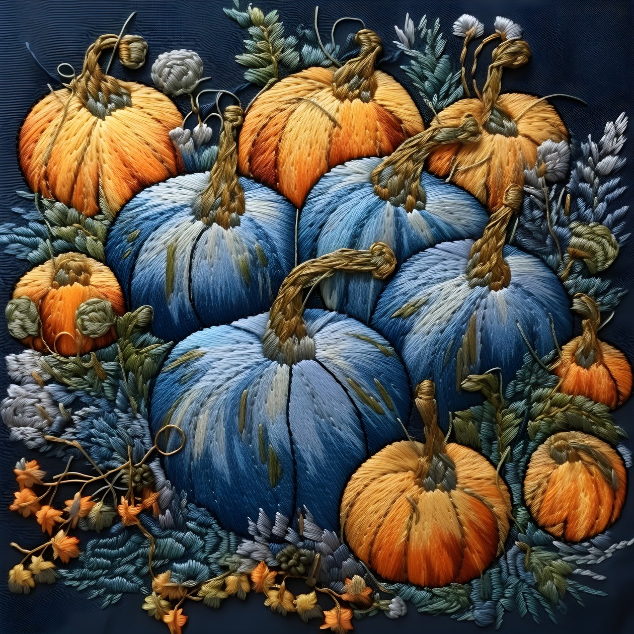 citrouilles brodées en tons bleus 3 - Kurt Heppke