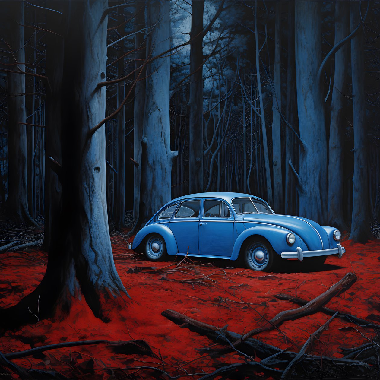 voiture bleue dans une forêt rouge 4 - Kurt Heppke
