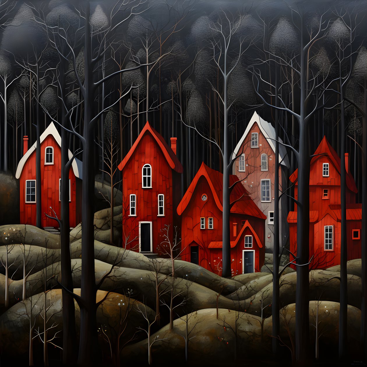 quatre maisons rouges dans la forêt 3 - Kurt Heppke