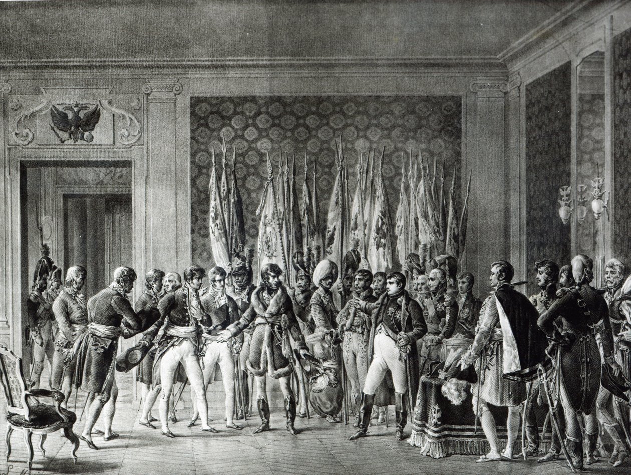 Napoléon remet les drapeaux gagnés à Austerlitz en 1805 aux maires de Paris en visite à Schönbrunn - L. Marin