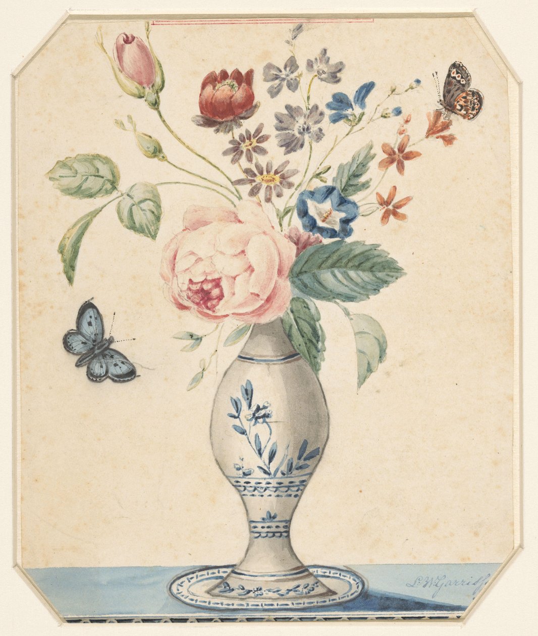 Petit vase avec des fleurs et un papillon bleu - L.W. Garrison