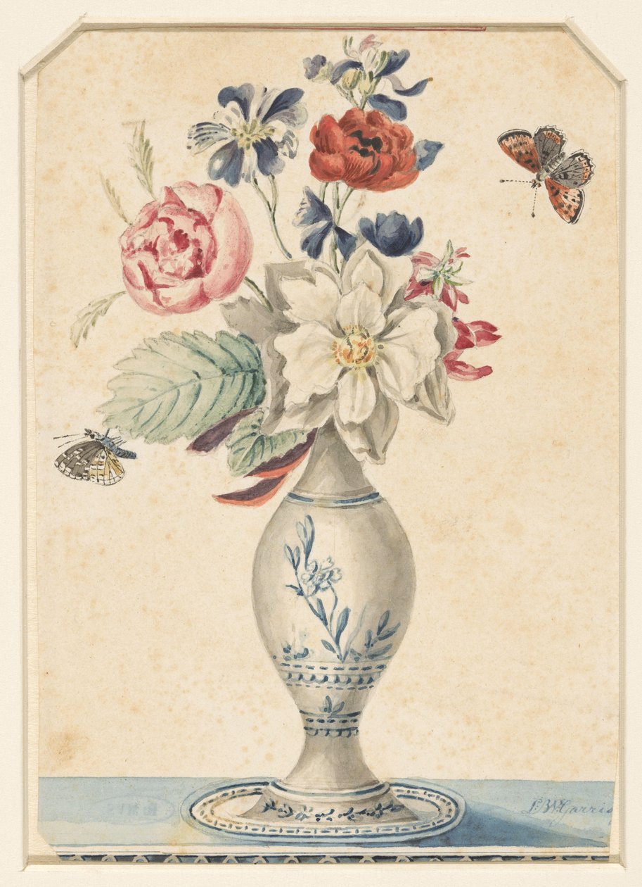 Petit vase avec fleurs et papillon gris-jaune - L.W. Garrison