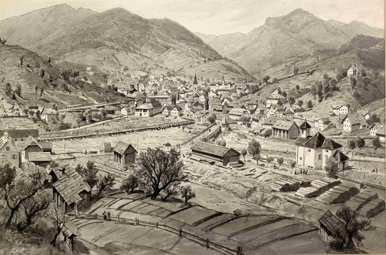 Vue sur Idrija et Idrijca avec des râteaux - Ladislav Benesch