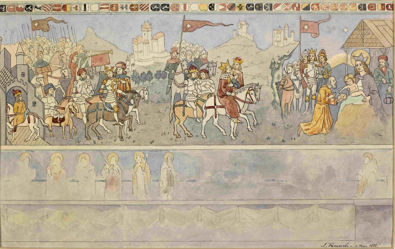 Dessin de fresque de la chapelle luthérienne à Turjak avec le motif de la marche des trois rois - Ladislav Benesch