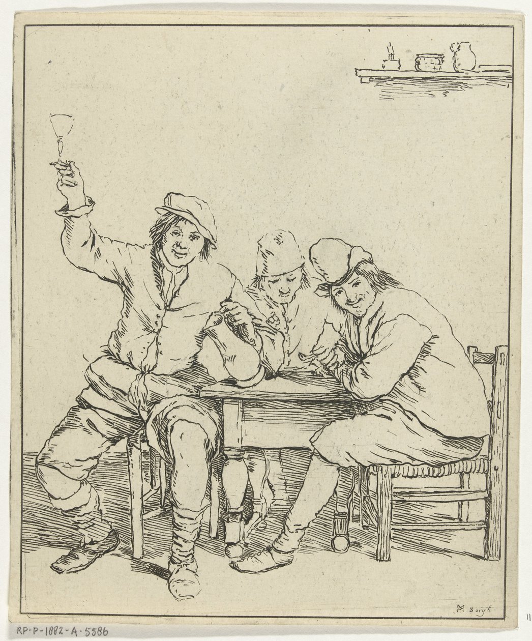 Trois hommes à table fumant et buvant - Leendert Brasser