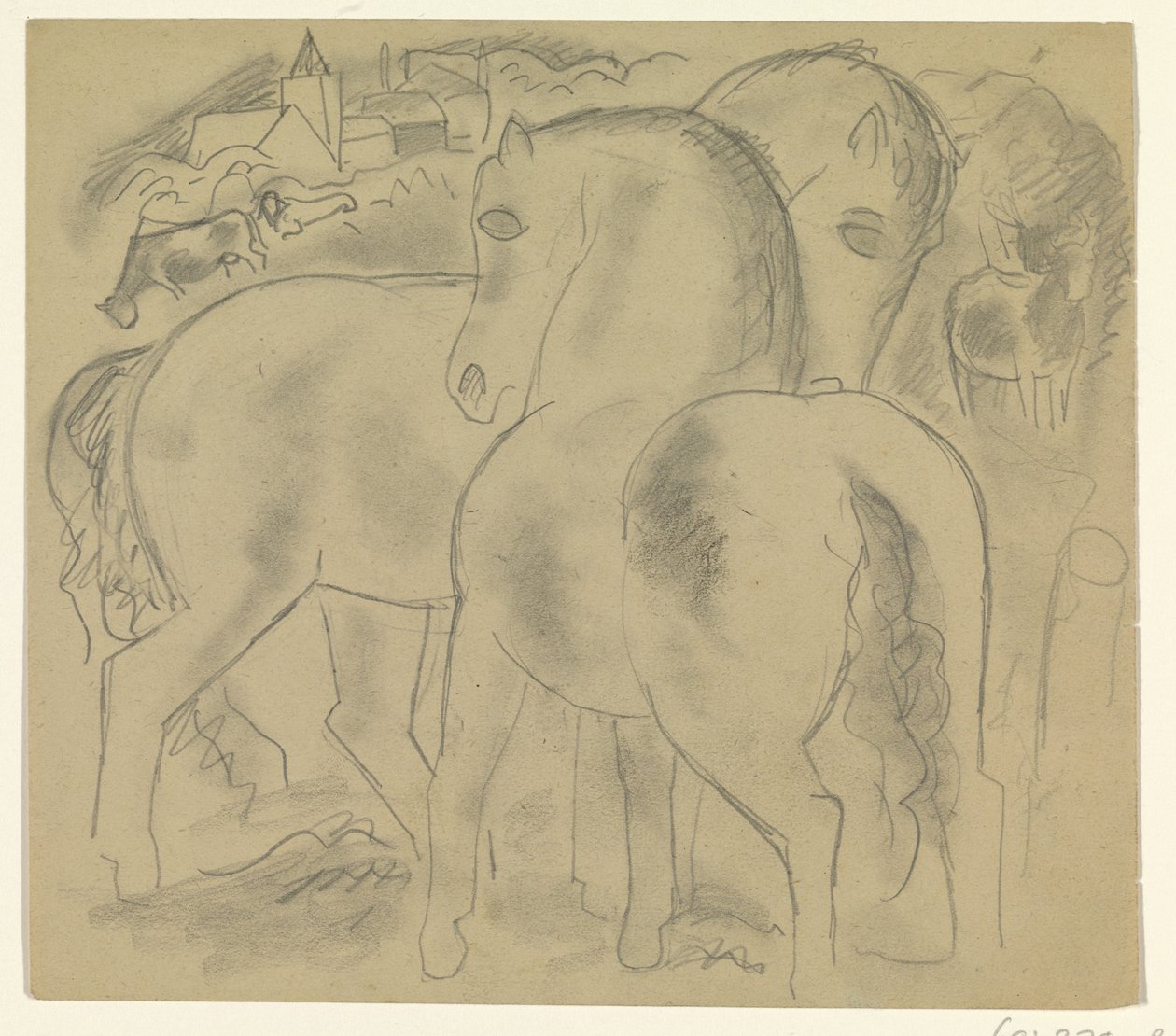 Deux chevaux dans un paysage avec des vaches - Leo Gestel