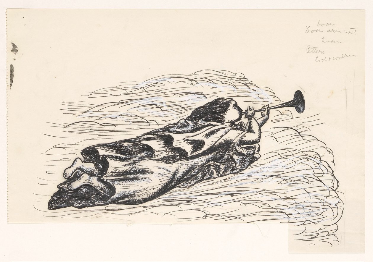Femme avec trompette, flottant sur des nuages - Leo Gestel