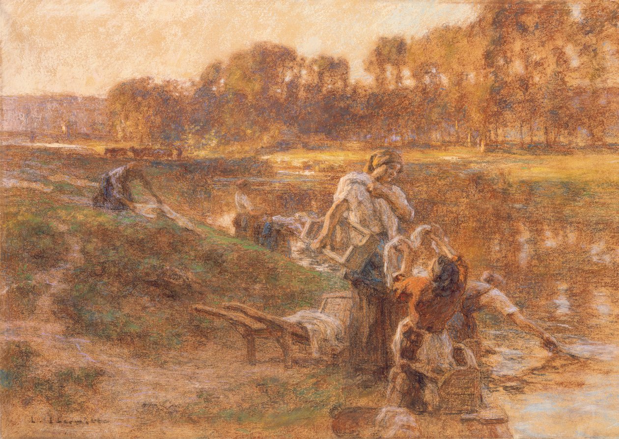 Lavandières dans un paysage fluvial ensoleillé - Leon Augustin Lhermitte