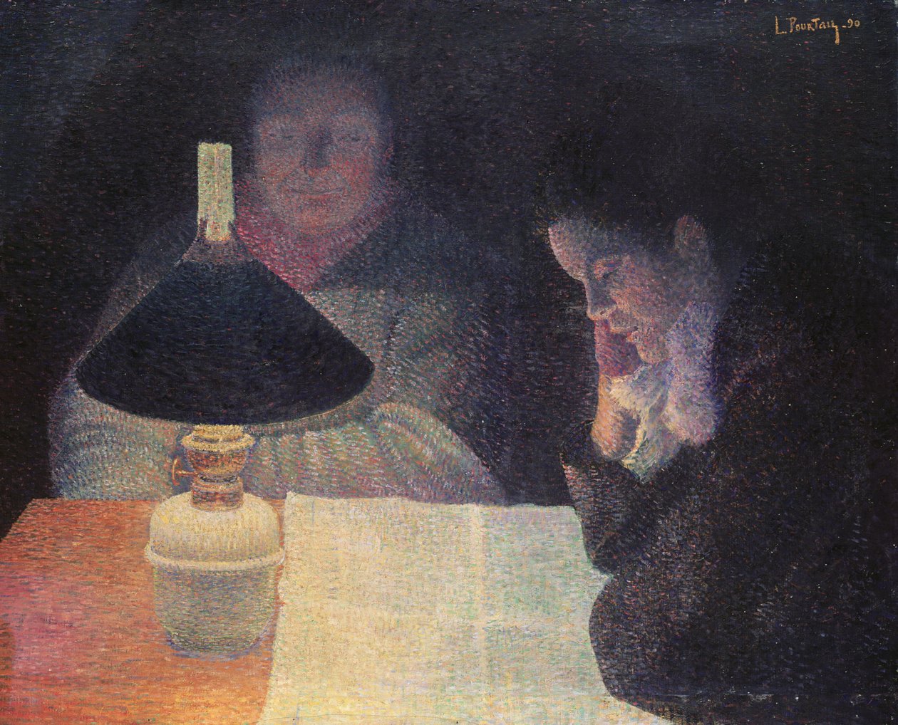 Lecture sous la lampe, 1890 - Leon Pourtau