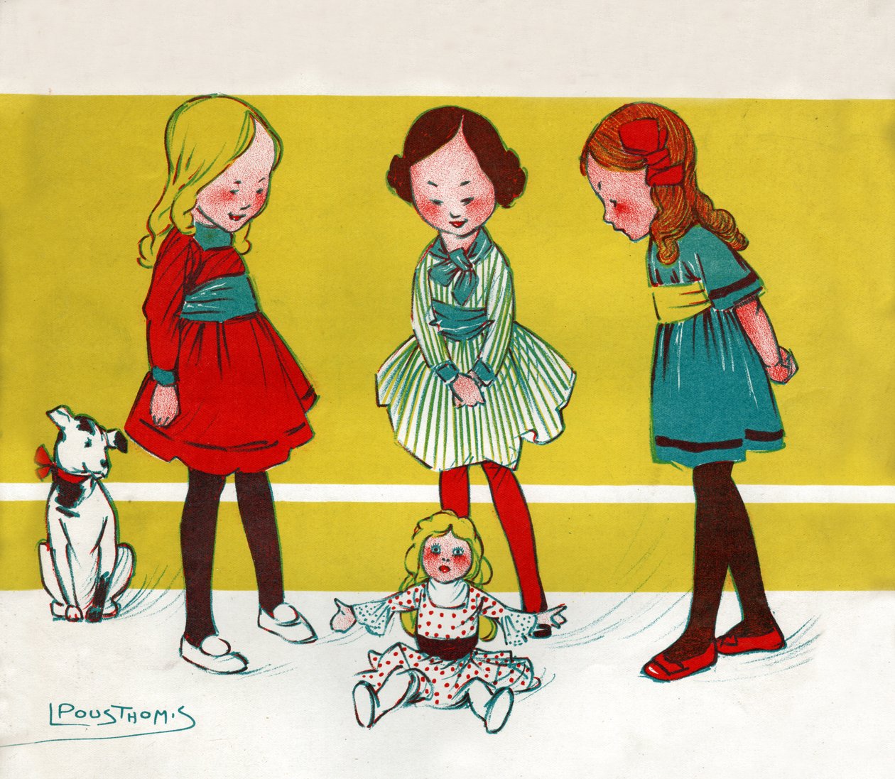 Filles jouant à la poupée (illustration, vers 1910) - Leon Pousthomis