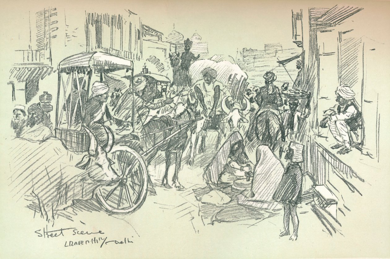 Scène de rue à Delhi, vers 1903 - Leonard Raven Hill