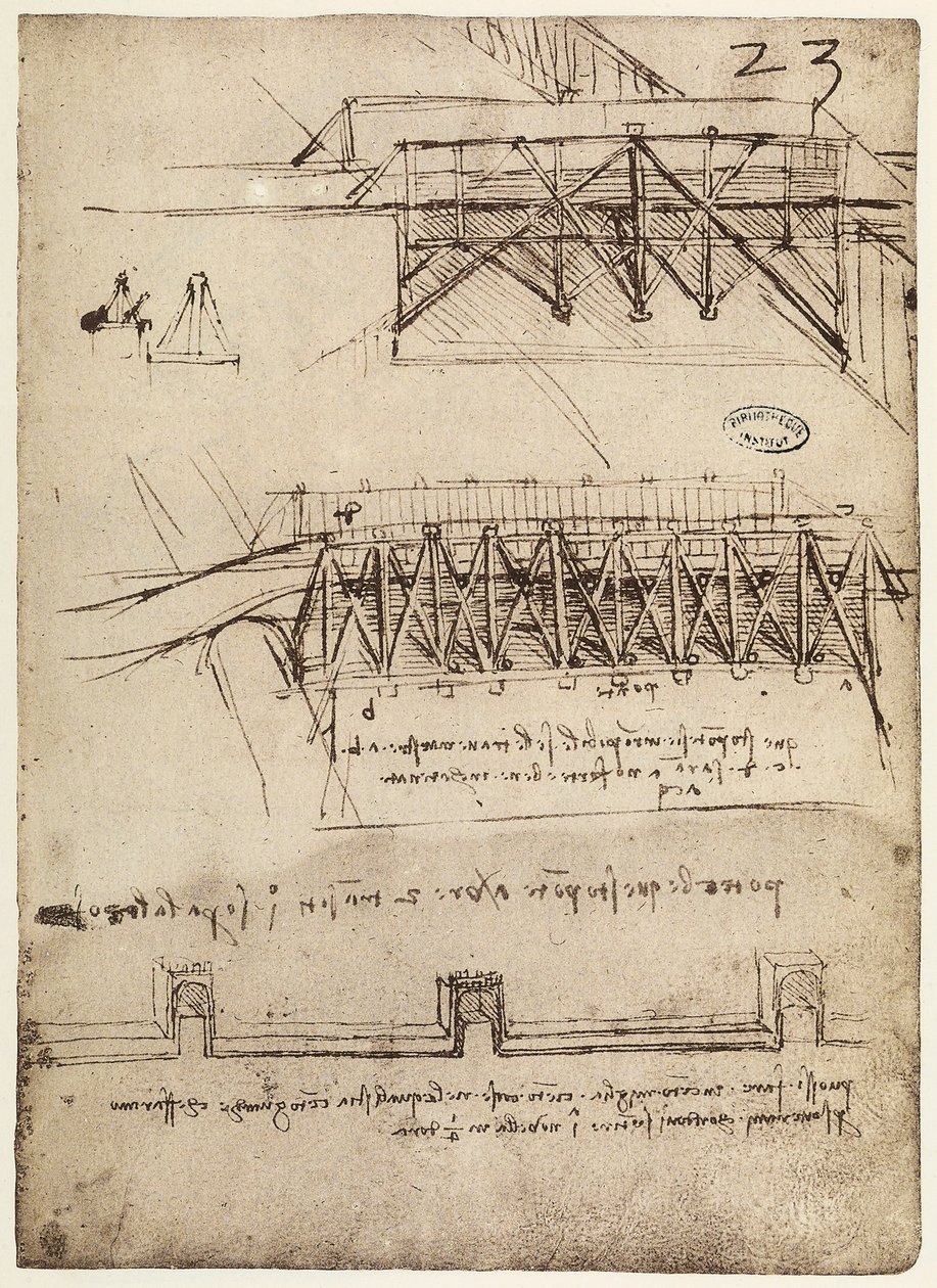 Codex B 2172 f.23r, Conceptions pour des ponts - Leonardo da Vinci