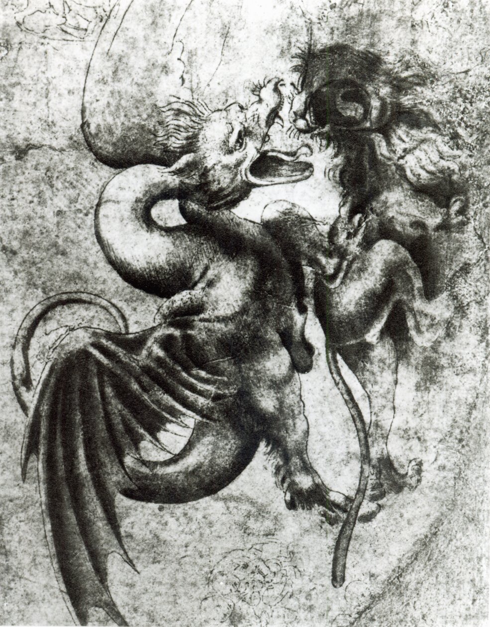Combat entre un dragon et un lion (encre brune avec lavis sur papier) - Leonardo da Vinci