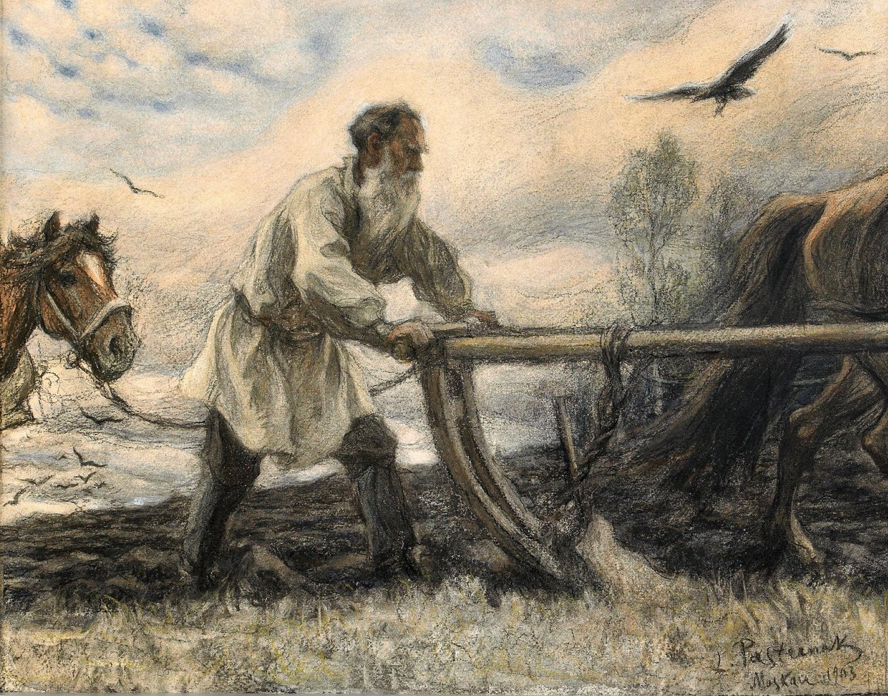 Léon Tolstoï à la charrue, 1903 - Leonid Osipovic Pasternak