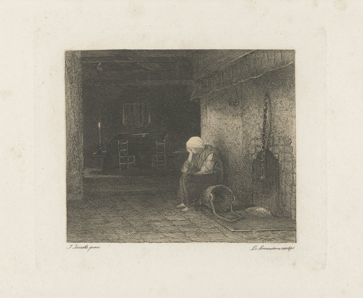 Intérieur avec femme près de la cheminée - Leopold Lowenstam
