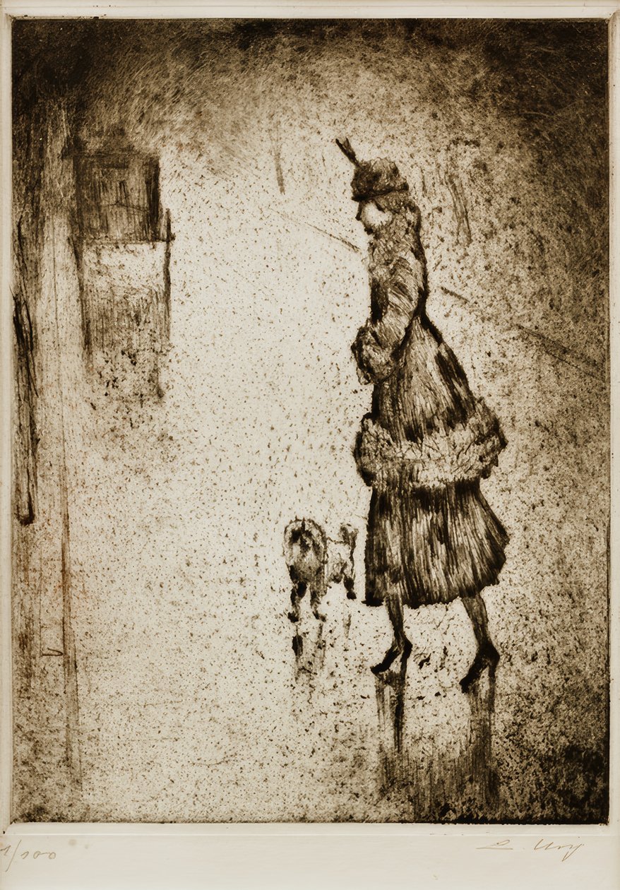 Dame avec un caniche sur une rue mouillée (fiacre à gauche) - Lesser Ury