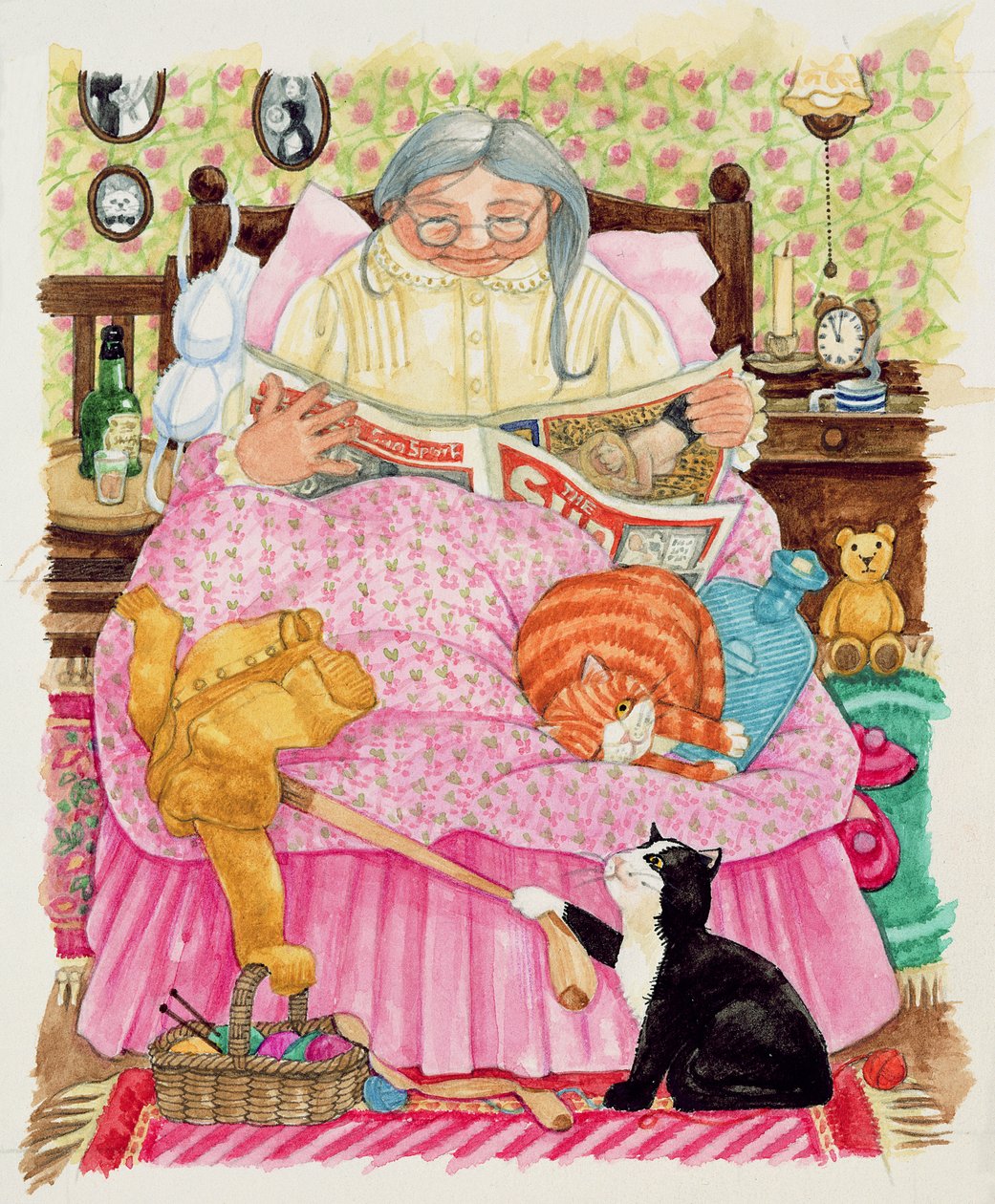 Grand-mère et 2 chats et un lit rose - Linda Benton