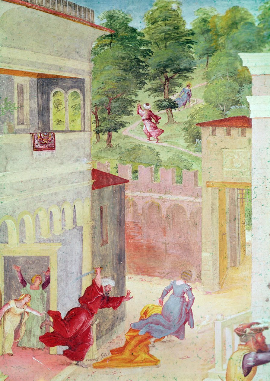 Scènes de la vie de Sainte Barbe, détail (Sainte Barbe menacée par son père), vers 1523-24 - Lorenzo Lotto