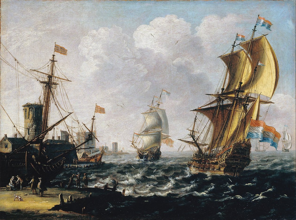 Navires hollandais dans une mer agitée - Lorenzo a Castro