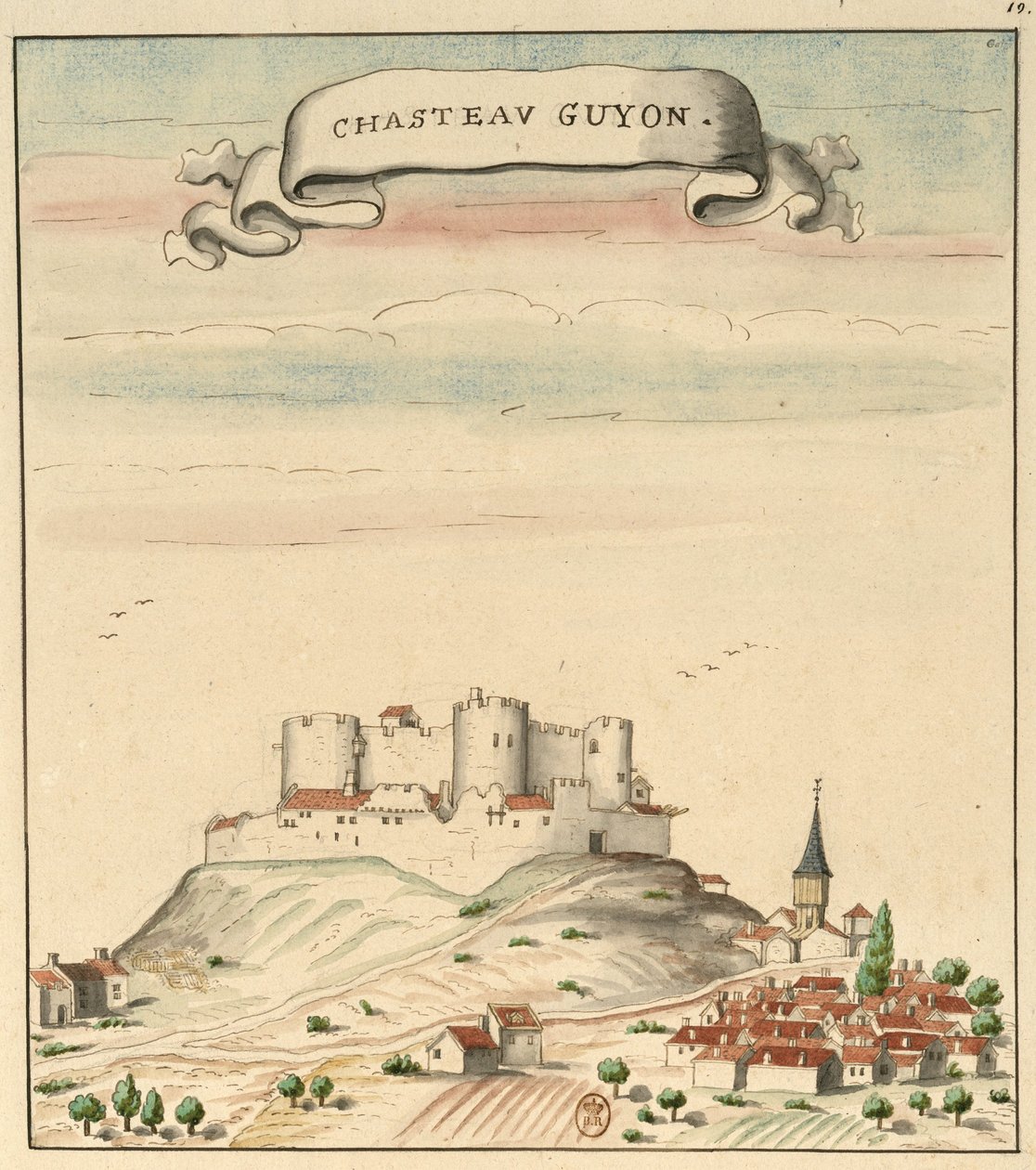Dessin du château et du village de Châtel-Guyon (vers 1450) inspiré de Guillaume Revel, L