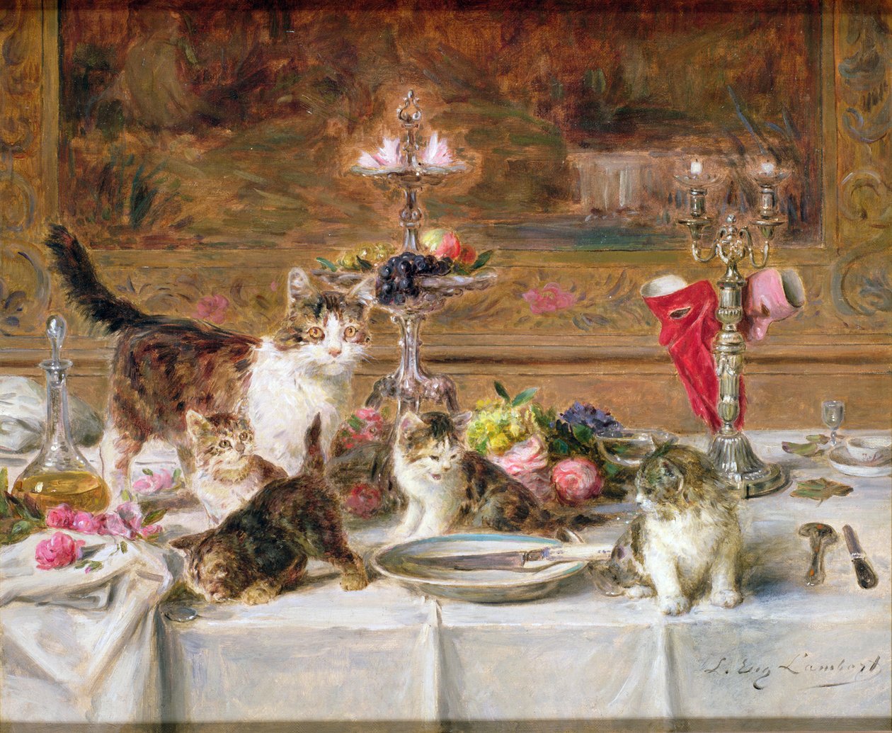 Chatons à un banquet, 19ème siècle - Louis Eugene Lambert