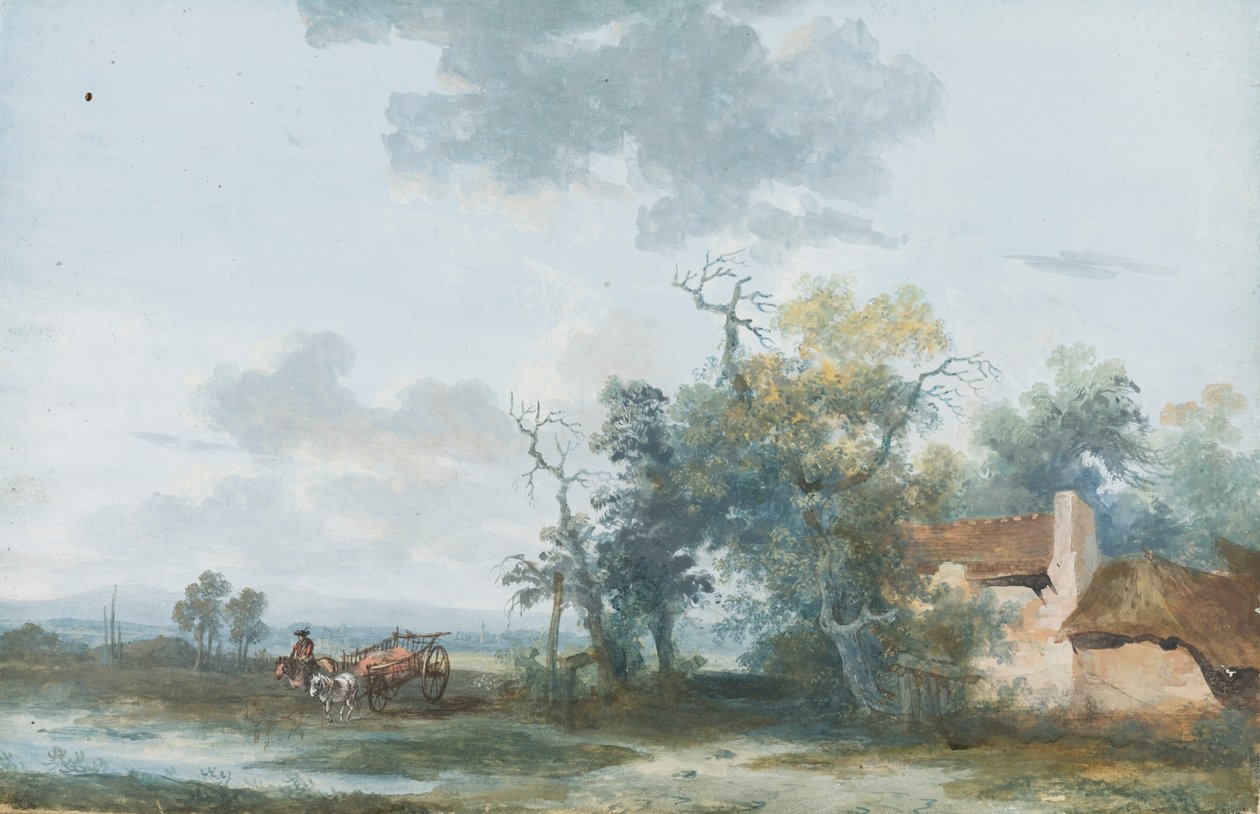 Paysage avec une chaumière et un homme sur un cheval et une charrette - Louis Gabriel Moreau