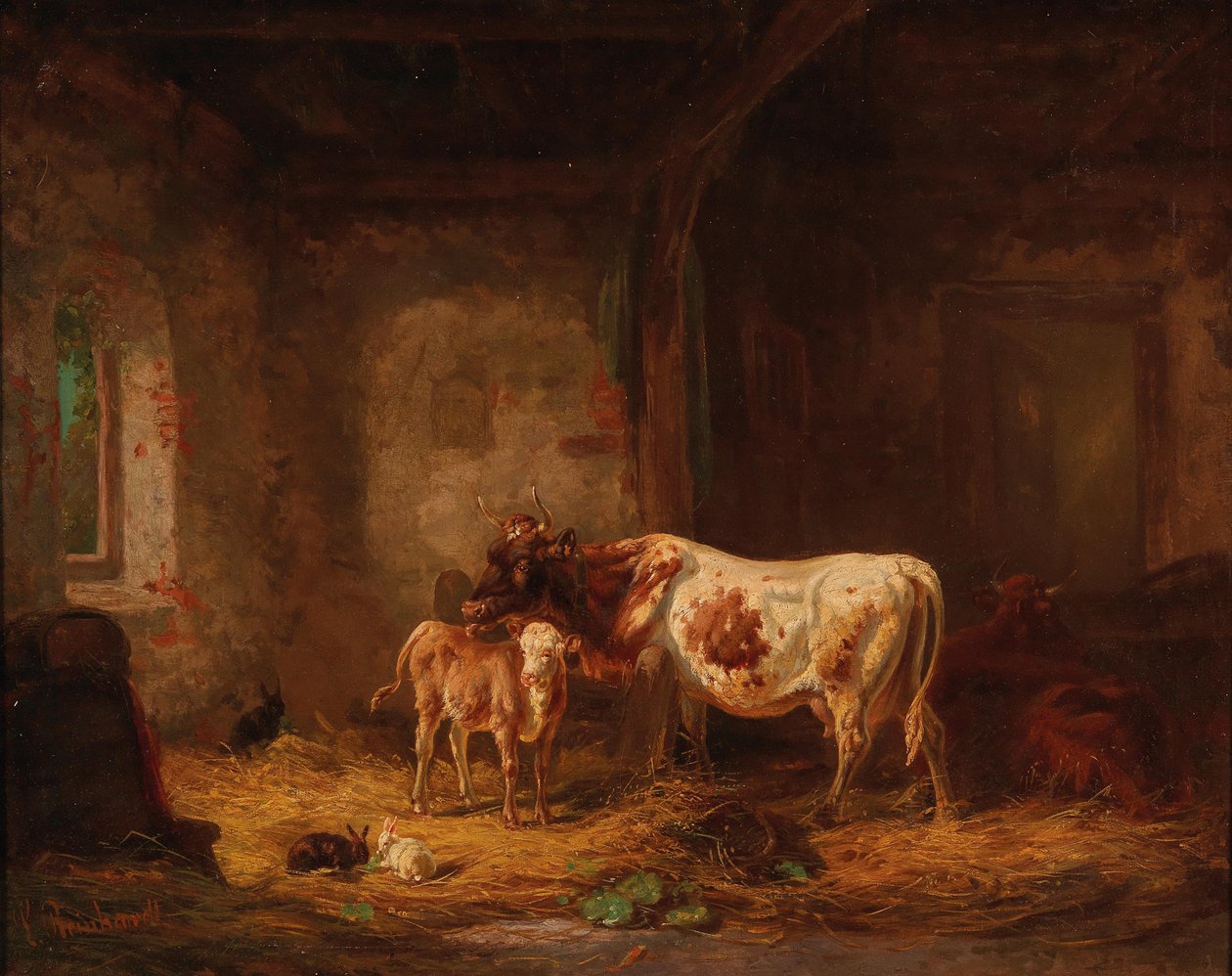 Vaches et lapins dans la grange - Louis Reinhardt