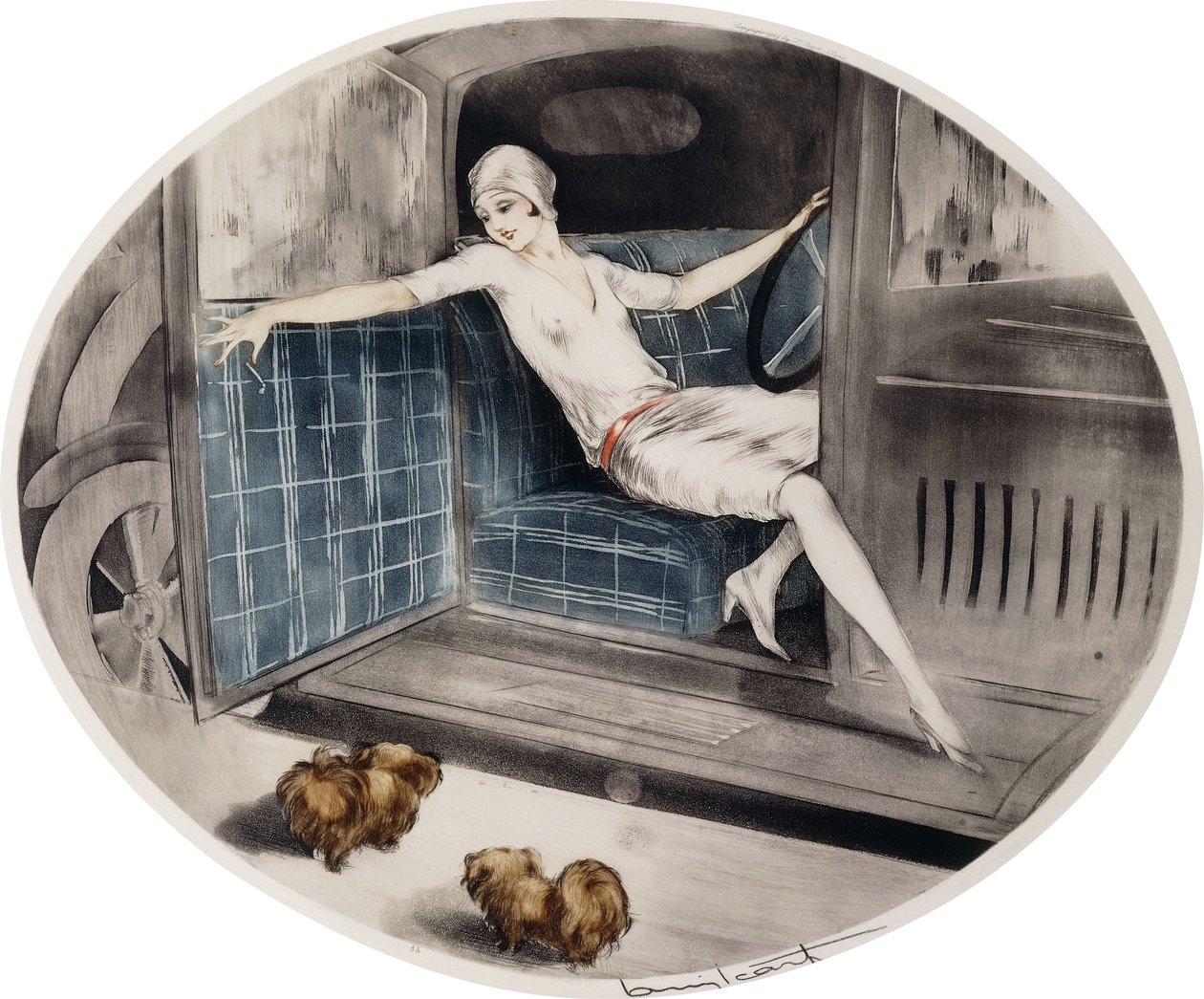 Femme dans une voiture avec deux pékinois - Louis Icart