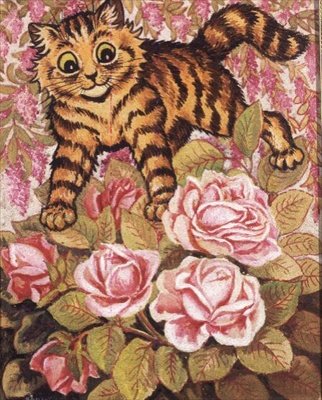 Un chaton caché dans un rosier - Louis Wain