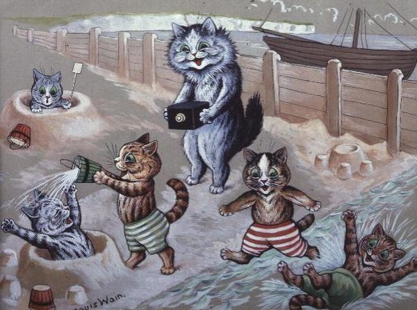 Chats se baignant dans la mer - Louis Wain