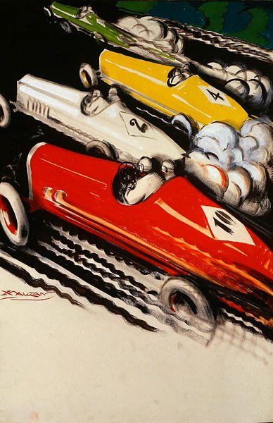 Course automobile (lithographie en couleur) - Luciano Achille Mauzan