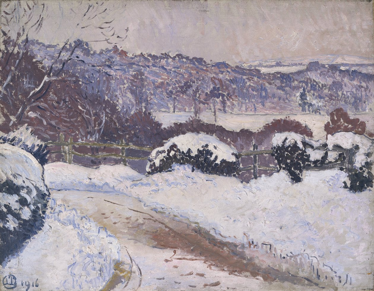 La route de Dorking, Coldharbour, sous la neige - Lucien Pissarro