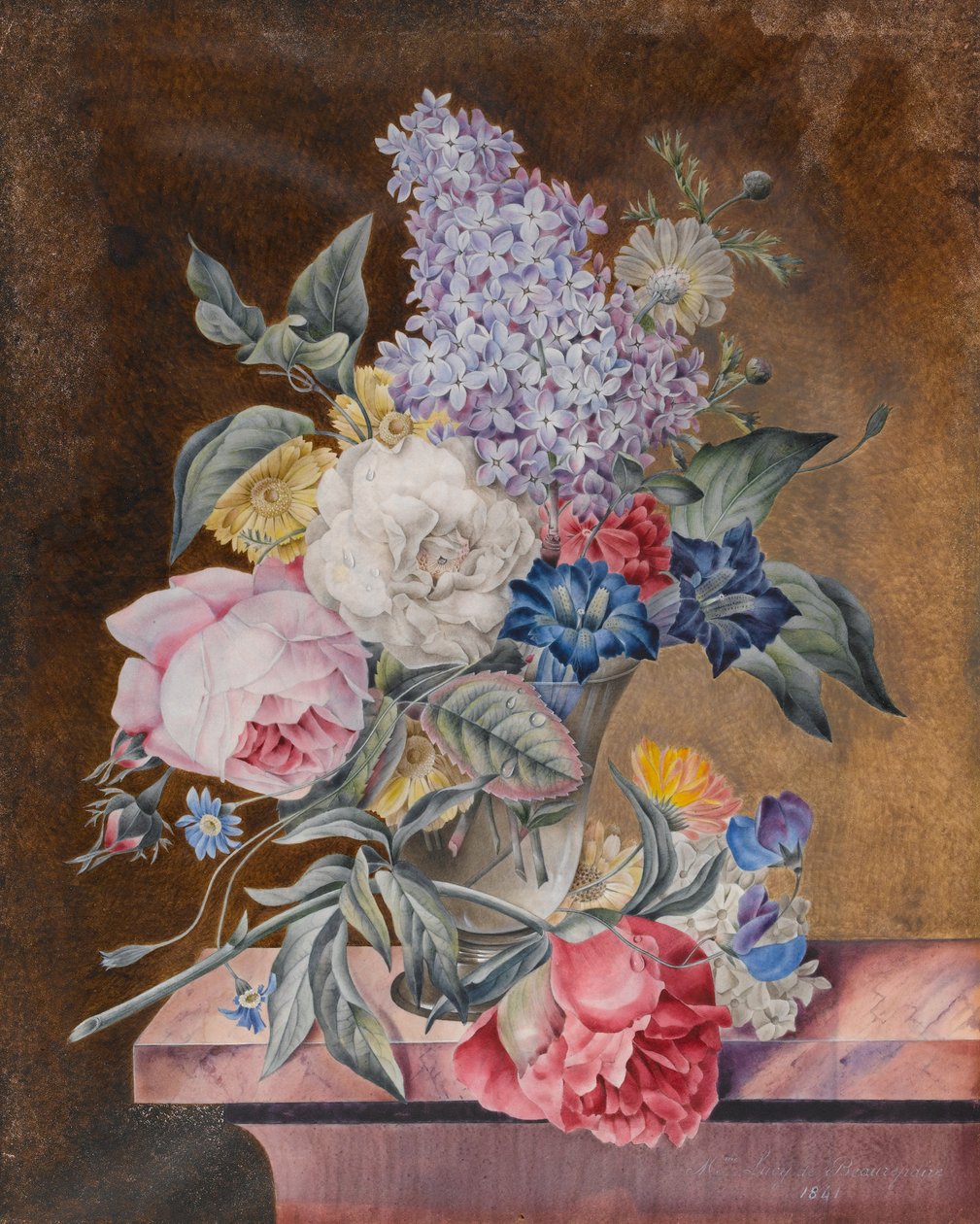 Vase de fleurs comprenant une rose et du lilas sur un rebord de marbre, 1841 - Lucy de Beaurepaire