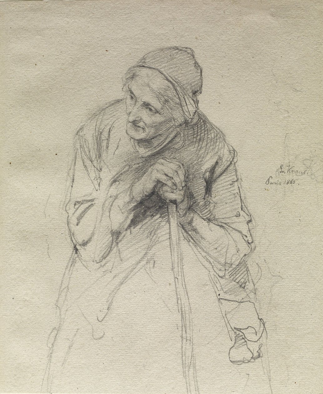 Vieille femme appuyée sur un bâton - Ludwig Knaus