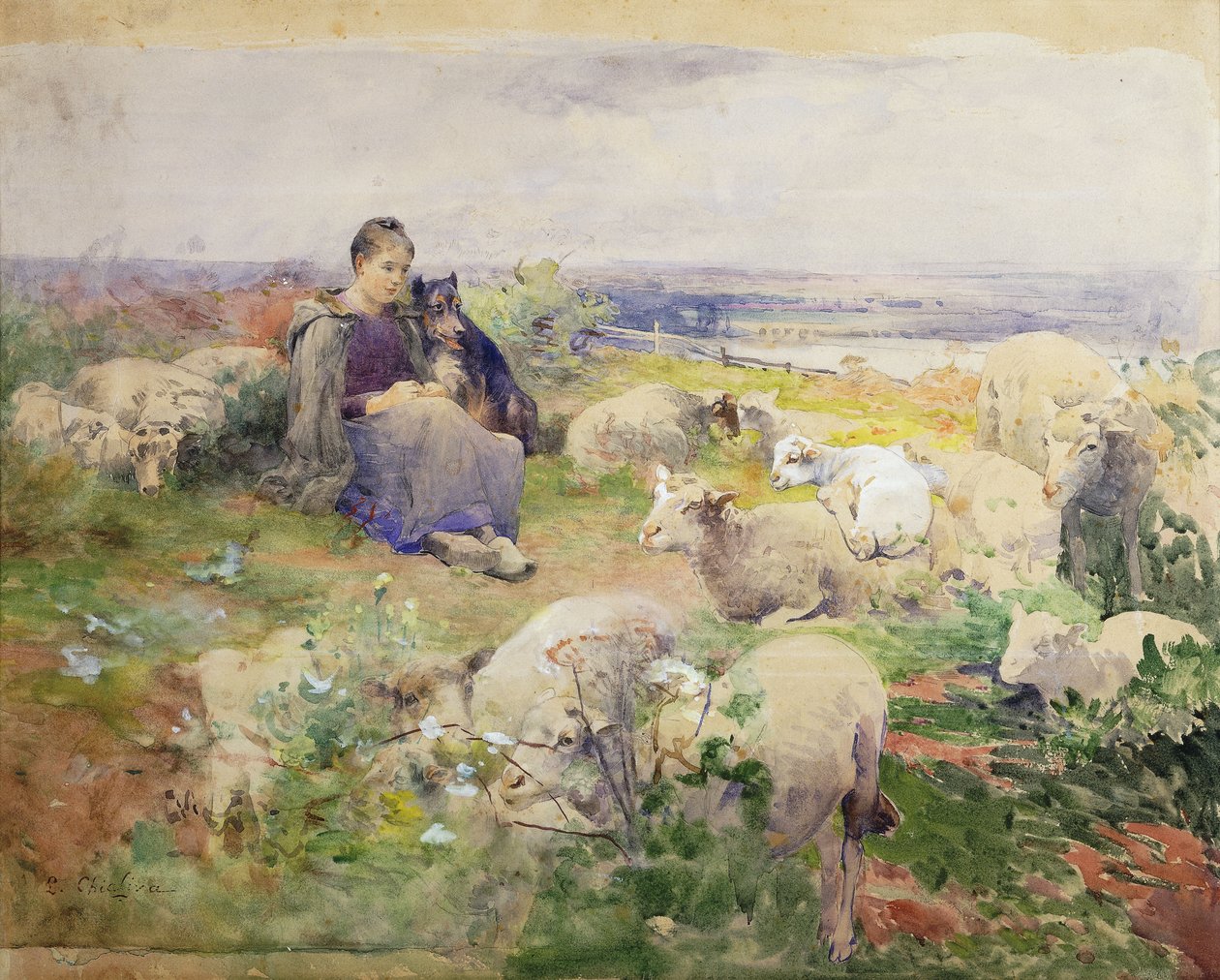 Une Bergère avec son Troupeau - Luigi Chialiva