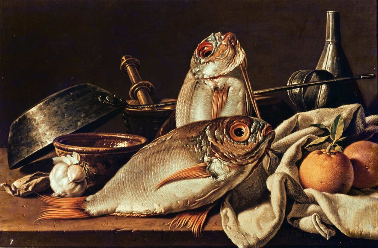 Nature morte de poissons, oranges et ail - Luis Egidio Melendez