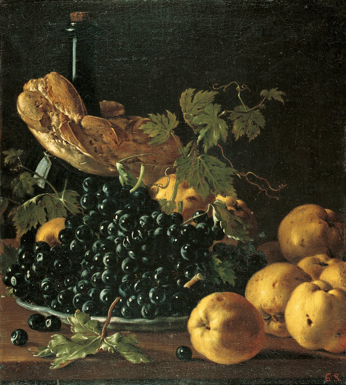 Nature morte avec pain, pommes, raisins et une bouteille - Luis Egidio Melendez