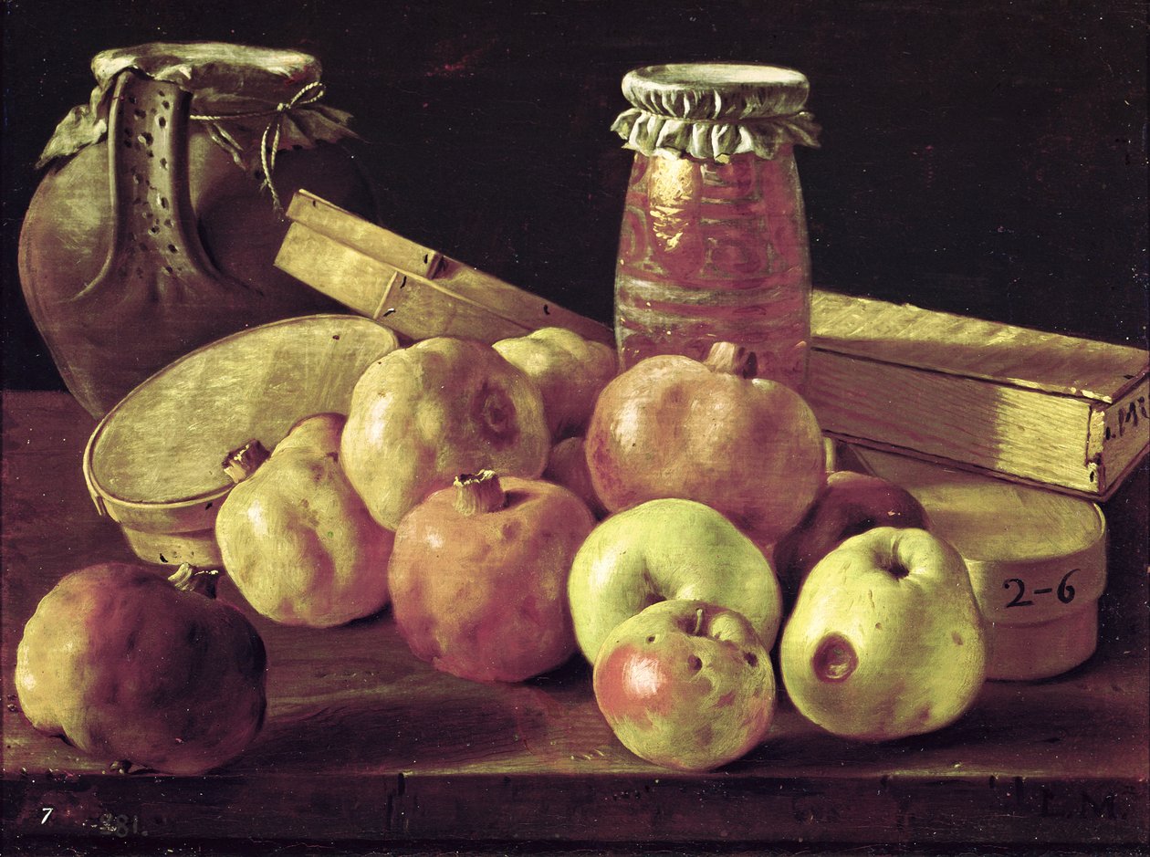 Nature morte avec grenades, pommes, un pot de confiture et un pot en pierre - Luis Egidio Melendez