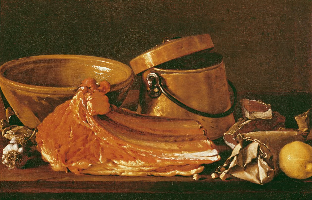 Nature morte avec viande, casseroles, pois chiches, un citron et de l