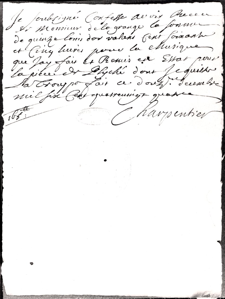 Lettre concernant la musique composée par Charpentier pour Psyché de Molière (1622-73) 1684 - Marc Antoine Charpentier
