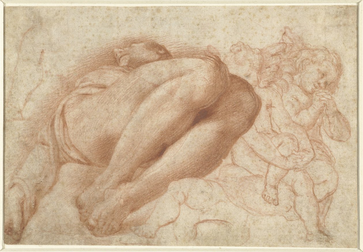 Groupe de petits anges et un homme couché - Marcello Venusti