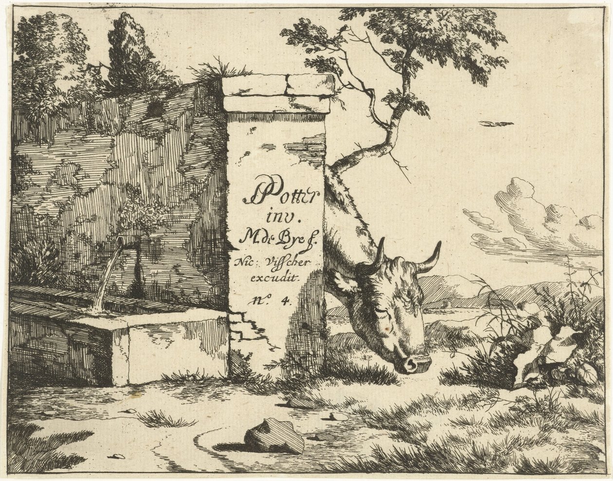 Bovin broutant derrière un mur (Runderen) - Marcus de Bye