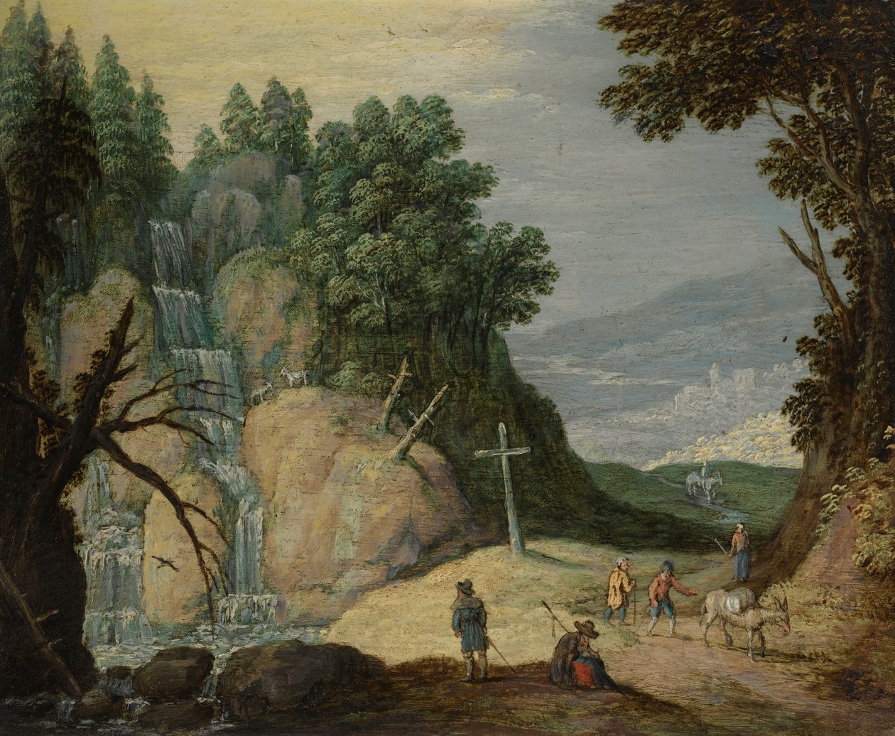 Un paysage rocheux avec une cascade et des voyageurs sur un sentier - Marten Ryckaert