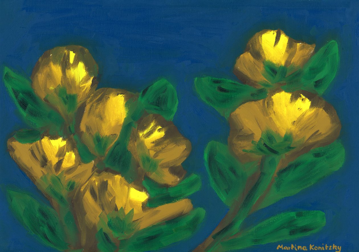 Roses jaunes ciel du soir composition marron jaune bleu - Martina Konitzky