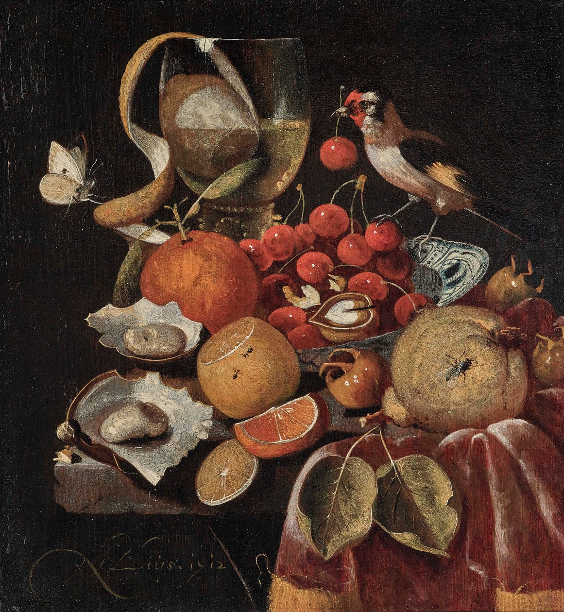 Nature morte de fruits avec un chardonneret - Martinus Nellius