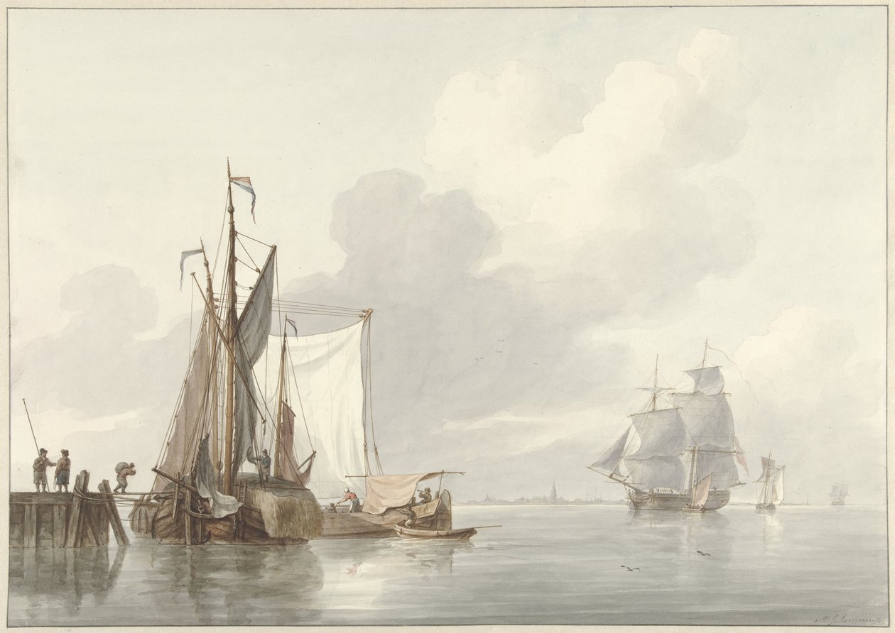 Vue de rivière avec des bateaux amarrés - Martinus Schouman