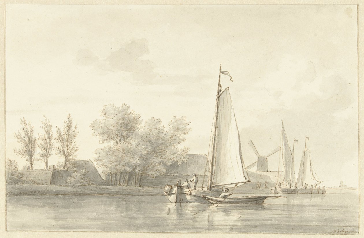 Paysage fluvial avec voilier et canot - Martinus Schouman